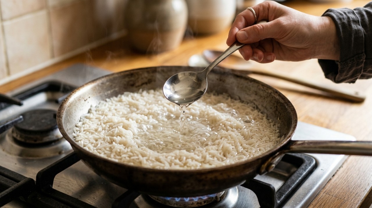 Para uma panela doméstica, uma colher de sopa costuma ser suficiente para várias porções de arroz.