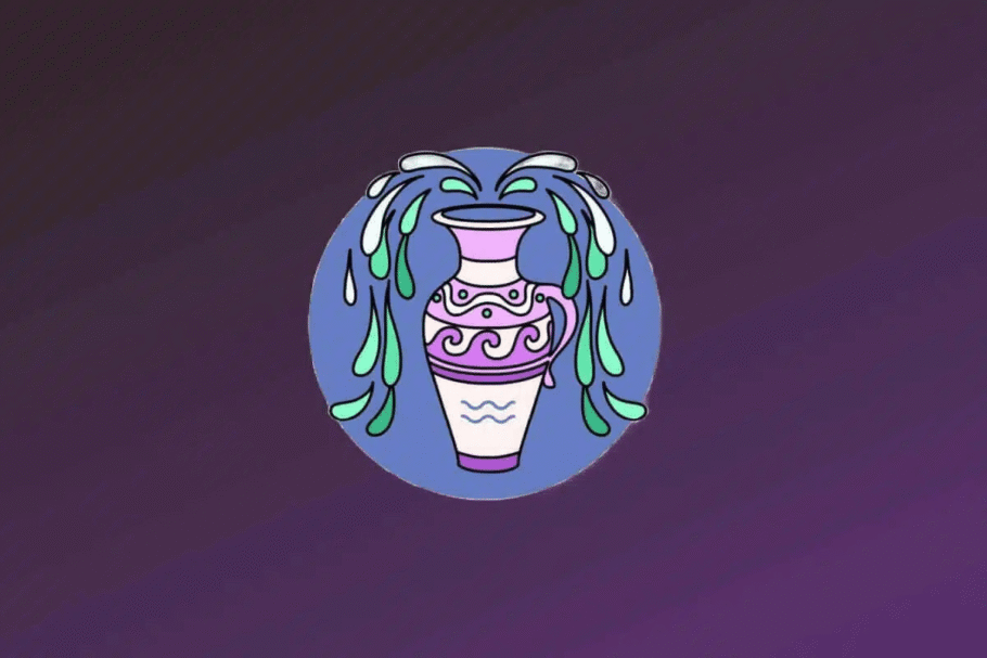 Ilustração do signo de Aquário. Um vaso ou ânfora decorada com ondas roxas e detalhes em branco está centralizado. Do topo do vaso, jorram fluxos de água estilizados em tons de verde-água e branco que caem pelas laterais. O símbolo de Aquário (duas ondas) aparece desenhado na parte inferior do próprio vaso.