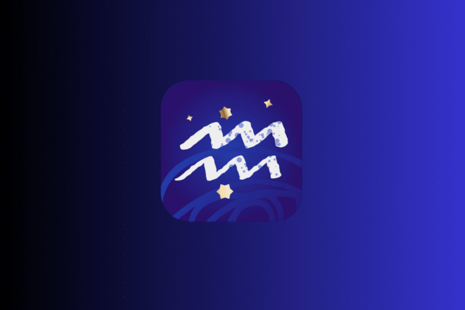 Ilustração com fundo azul e roxo exibindo um ícone central do signo de Aquário em tom branco, representado por duas linhas onduladas, cercado por pequenas estrelas douradas.