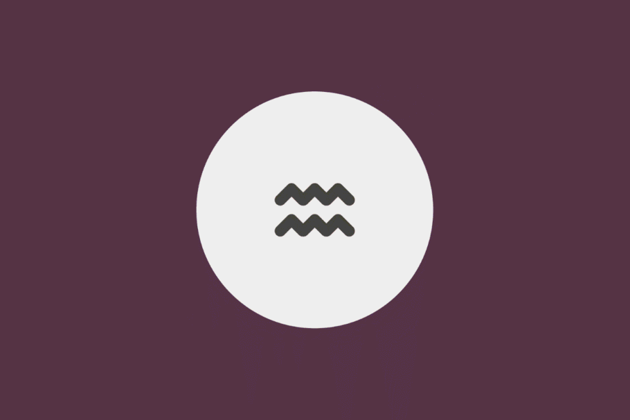 Ilustração minimalista do símbolo do signo de Aquário em tom cinza-escuro, centralizado dentro de um círculo branco sobre fundo roxo-fechado