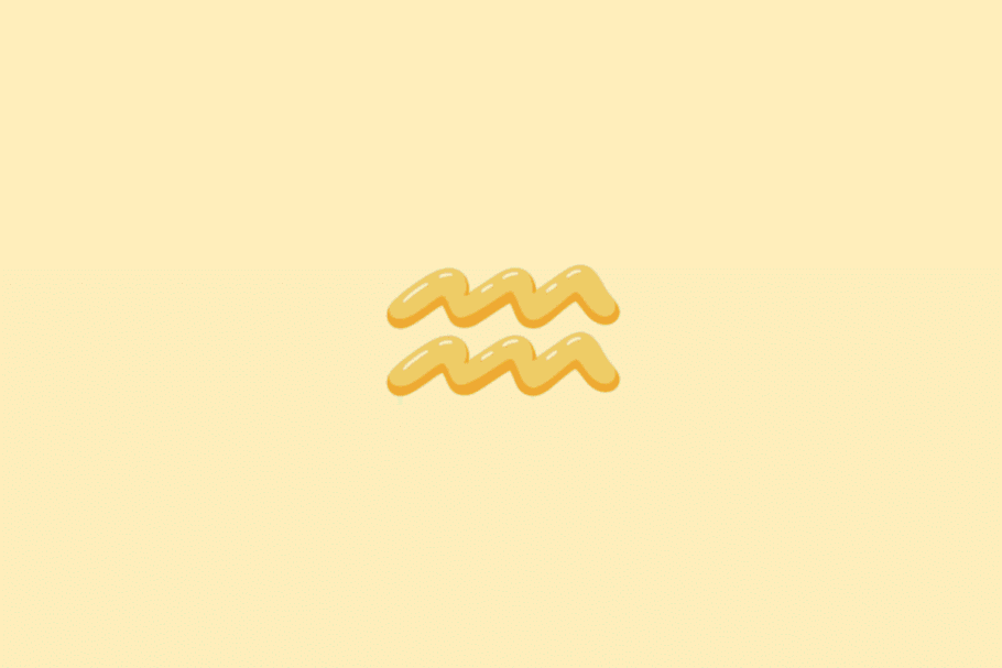 Ilustração do símbolo do signo de Aquário, formado por duas linhas onduladas paralelas em tom amarelo-dourado, sobre um fundo liso em amarelo-claro.