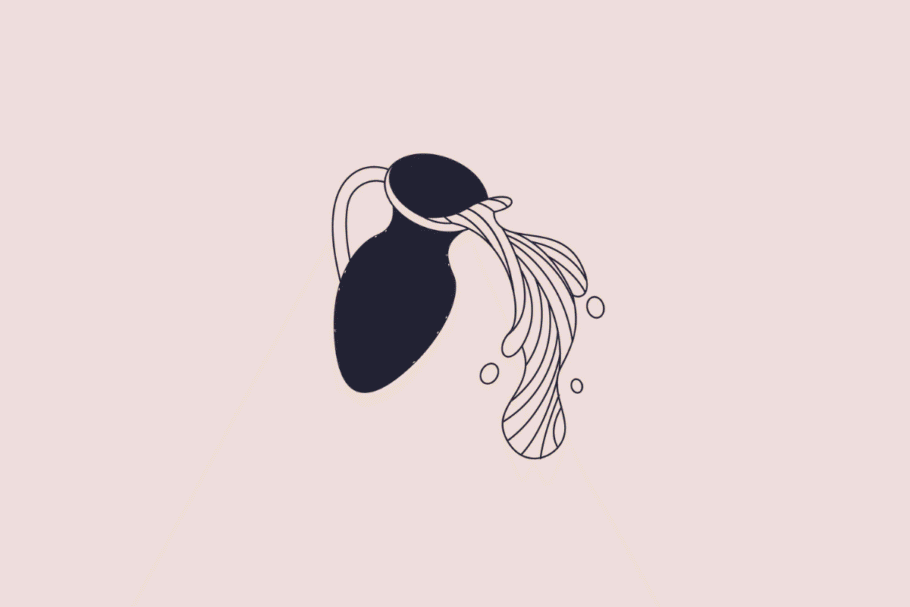 Ilustração estilizada e minimalista de um vaso de água, simbolizando o signo de aquário, em tom azul-escuro sobre um fundo rosa-claro