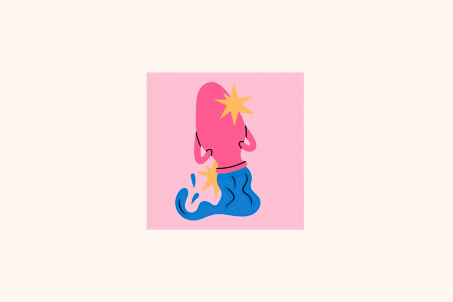 Ilustração estilizada do signo de Aquário centralizada em um quadrado rosa sobre fundo creme, retratando um vaso em tom rosa-choque virado para baixo, despejando água fluida em azul-cobalto, acompanhado por duas estrelas amarela-douradas ao lado da boca e no topo do vaso