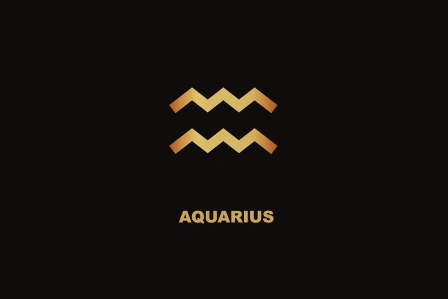 Símbolo dourado do signo de Aquário sobre fundo preto, com o nome "AQUARIUS" escrito abaixo.