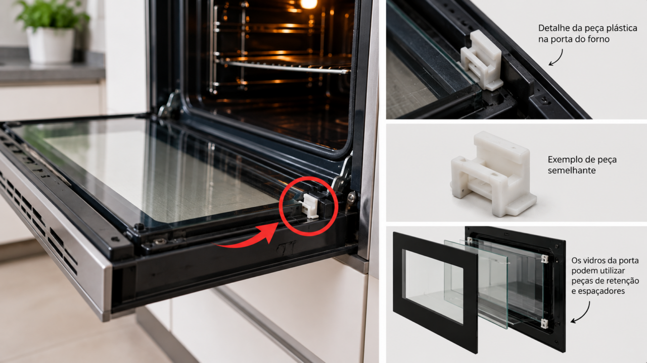 Aquela pequena peça de plástico na porta do forno pode ser importante. Entenda o papel de presilhas, espaçadores e suportes no conjunto interno.