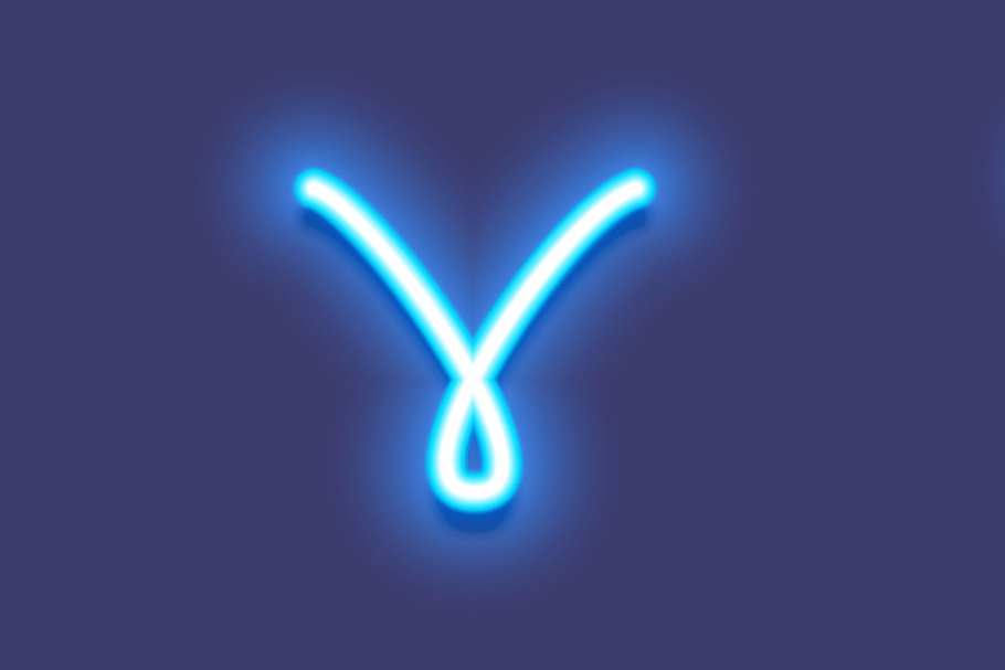 A imagem apresenta o símbolo do signo de áries em branco, com um intenso efeito luminoso azul neon. O ícone está centralizado sobre um fundo azul-arroxeado escuro, criando uma aparência moderna e brilhante.