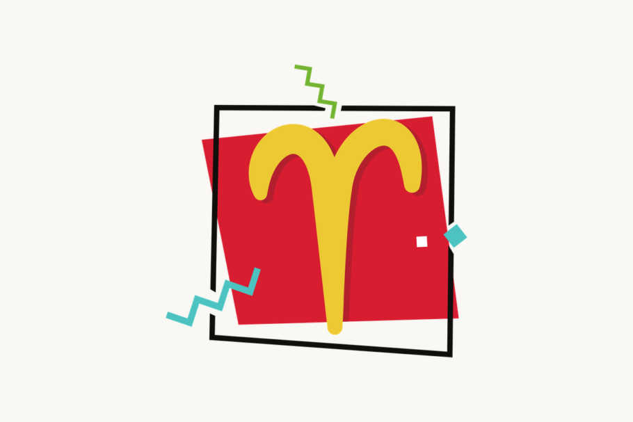 Ilustração do signo de Áries, contendo o símbolo de dois chifres de carneiro estilizados em dourado, centralizado sobre um quadrado vermelho emoldurado em preto, com pequenos losangos e zigue-zagues coloridos ao redor, em fundo claro.