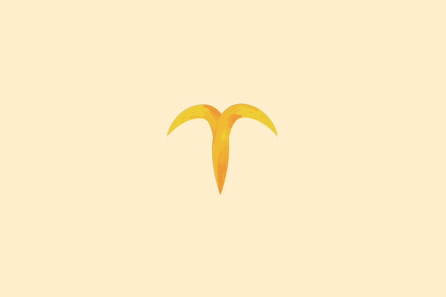 Símbolo de Áries em formato de chifres, com pinceladas em tons de amarelo e laranja. Fundo amarelo-claro.