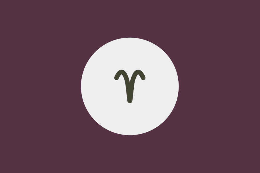 Ilustração minimalista do símbolo do signo de Áries em tom cinza-escuro, centralizado dentro de um círculo branco sobre fundo roxo-fechado