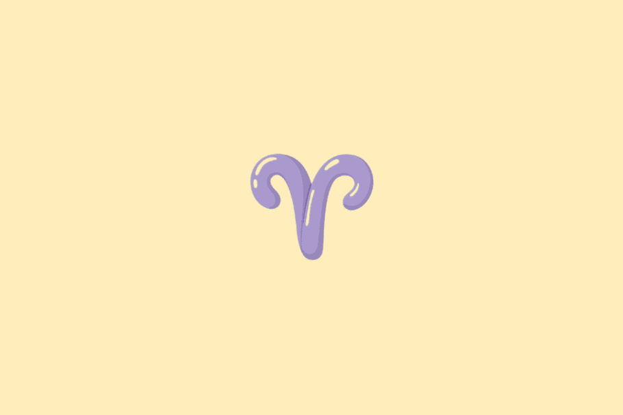 Ilustração do símbolo do signo de Áries, representado por dois arcos curvos que formam o desenho característico dos chifres, em tom lilás, sobre um fundo amarelo-claro.