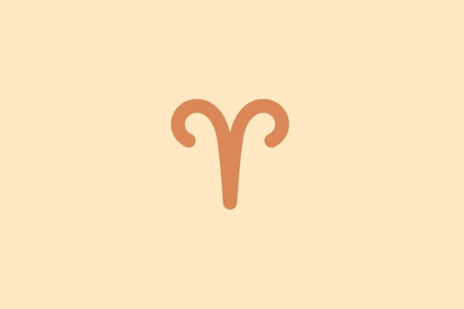 Símbolo minimalista do signo de Áries em tom terracota sobre fundo laranja