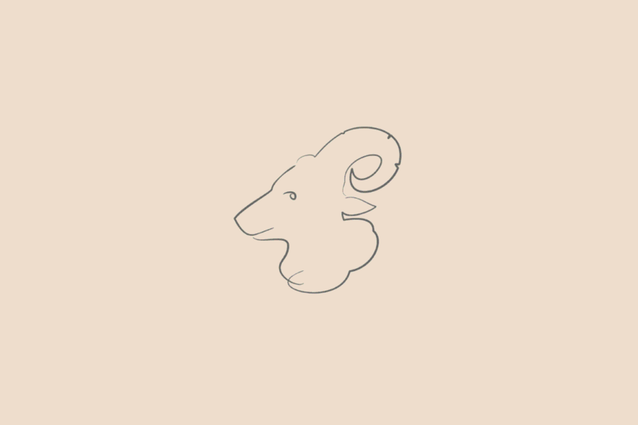 Ilustração minimalista de uma cabeça de carneiro com chifres curvados, em cinza, representando o signo de Áries sobre fundo bege.