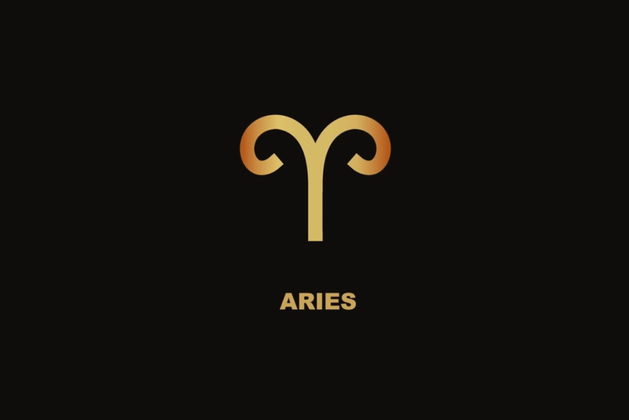 Símbolo dourado do signo de Áries sobre fundo preto, com o nome "ARIES" escrito abaixo.
