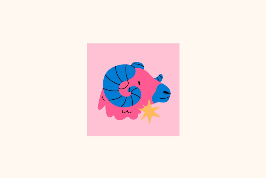Uma ilustração centralizada do signo de Áries, com uma cabeça de carneiro rosa-choque e chifres espiralados azuis-cobalto, em um quadrado rosa-pálido no centro de um fundo creme. O carneiro tem um focinho azul e uma pequena estrela dourada abaixo do focinho