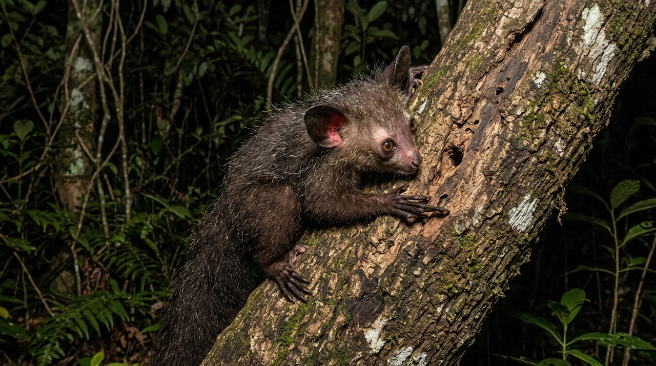 O aie-aie é um lêmure noturno encontrado em Madagascar.