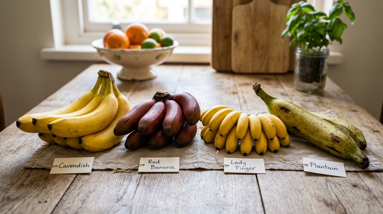 A banana-vermelha é um dos exemplos mais fáceis de reconhecer.