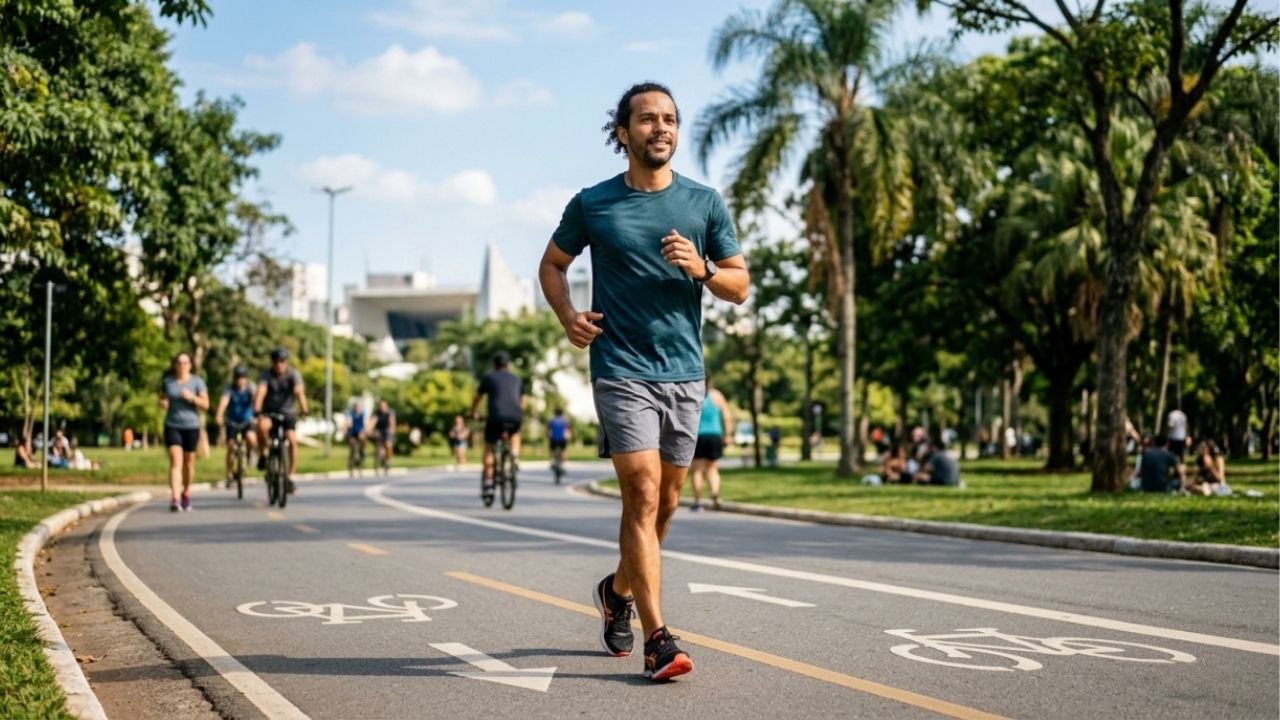 Caminhar por 30 minutos seguidos ajuda o corpo a entrar no ritmo aeróbico – Imagem ilustrativa criada por inteligência artificial