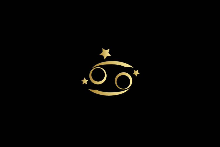 Ilustração minimalista do signo de câncer em dourado, centralizado sobre um fundo preto. O símbolo é acompanhado por três estrelas douradas de diferentes tamanhos