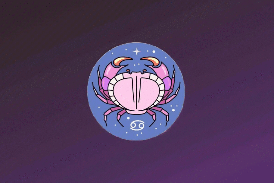 Ilustração do signo de Câncer. Um caranguejo estilizado em tons de rosa e roxo está centralizado no círculo azul. Ele possui grandes pinças levantadas e pernas finas detalhadas em preto e branco. O símbolo de Câncer está desenhado em branco no canto superior direito do círculo.