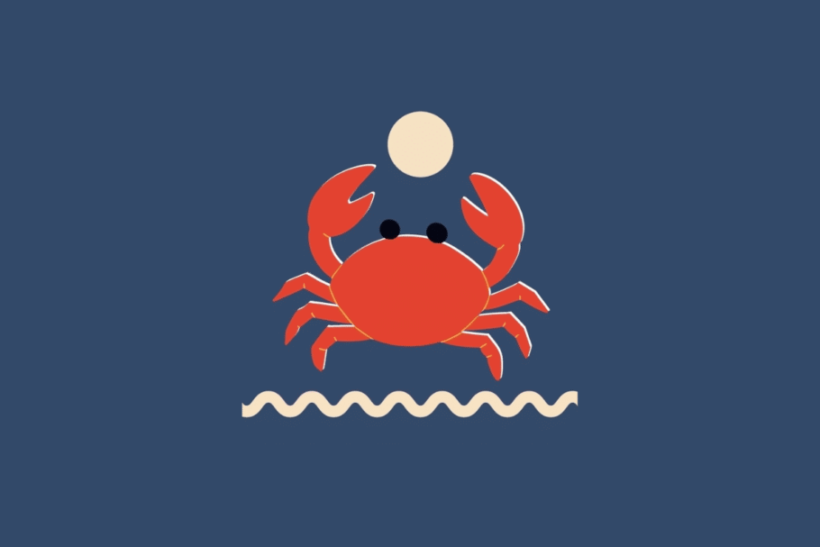 Ilustração de um caranguejo vermelho visto de frente, posicionado acima de uma linha ondulada branca e sob uma lua clara, sobre fundo azul-escuro.