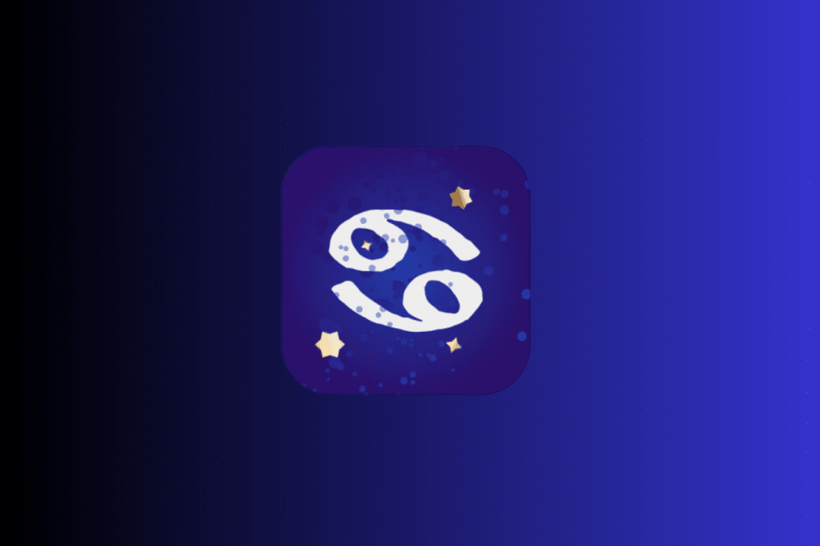 Ilustração com fundo azul e roxo exibindo um ícone central do signo de Câncer em tom branco, representado por dois círculos com caudas entrelaçadas (69 na horizontal), cercado por pequenas estrelas douradas.