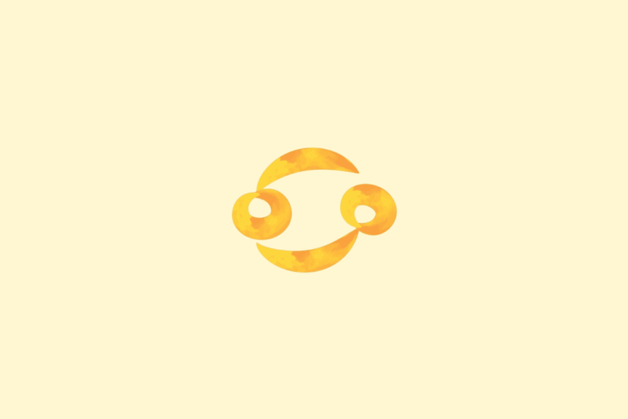 Símbolo de Câncer representado por duas formas circulares ligadas por curvas, em tons de amarelo e laranja. Fundo amarelo-claro.