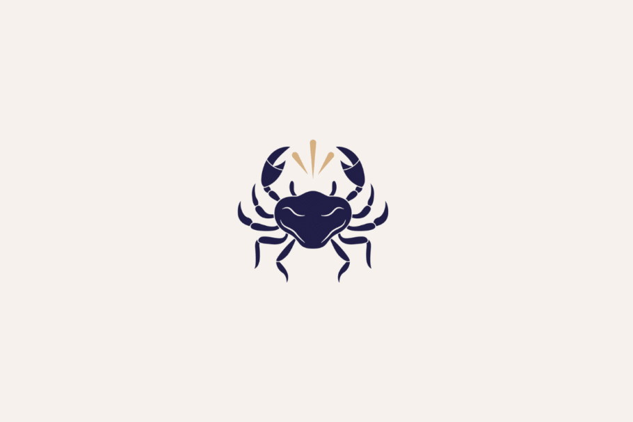 Ilustração do signo de câncer em azul-escuro com três traços beges acima e centralizada em fundo bege-claro