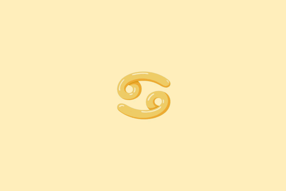 Ilustração do símbolo do signo de Câncer, formado por duas curvas arredondadas que se entrelaçam, em tom amarelo-dourado, sobre um fundo amarelo-claro.