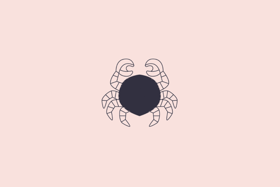 Ilustração estilizada e minimalista de um caranguejo, simbolizando o signo de câncer, em tom azul-escuro sobre um fundo rosa-claro