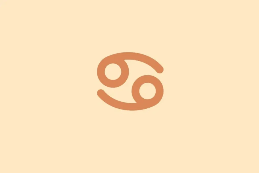 Símbolo minimalista do signo de Câncer em tom terracota sobre fundo laranja