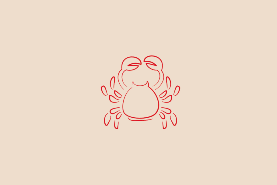 Ilustração minimalista de um caranguejo de frente, com patas abertas, em vermelho, representando o signo de Câncer sobre fundo bege.