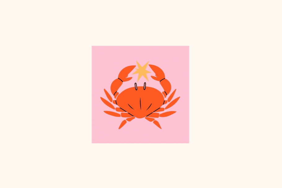 Ilustração estilizada do signo de Câncer centralizada em um quadrado rosa sobre fundo creme, apresentando um caranguejo em tom laranja vibrante com as garras erguidas segurando uma estrela amarela-dourada no topo