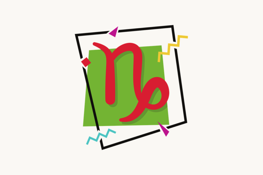 Ilustração do signo de Capricórnio, contendo o símbolo de uma linha ondulada terminando em uma cauda enrolada, lembrando um chifre de cabra-marinha, em vermelho, centralizado sobre um quadrado verde emoldurado em preto, com pequenos losangos e zigue-zagues coloridos ao redor, em fundo claro.