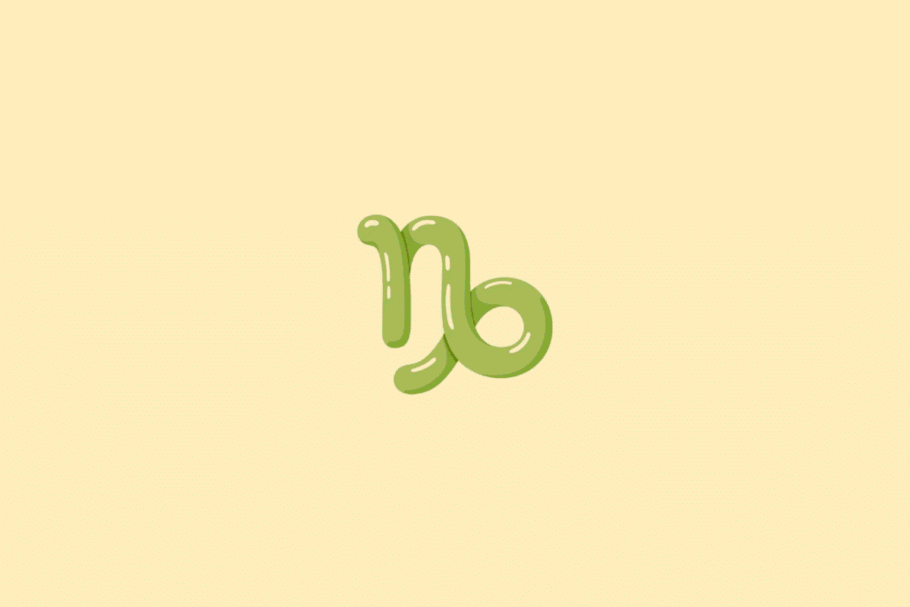Ilustração do símbolo do signo de Capricórnio, representado por linhas curvas que formam o símbolo tradicional, em tom verde-oliva, sobre um fundo amarelo-claro.