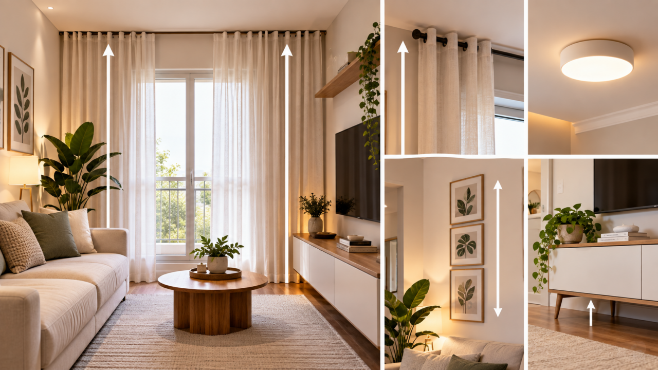 Como fazer o teto parecer mais alto? Entenda como altura das cortinas, iluminação, quadros e proporção dos móveis podem mudar a percepção do ambiente.