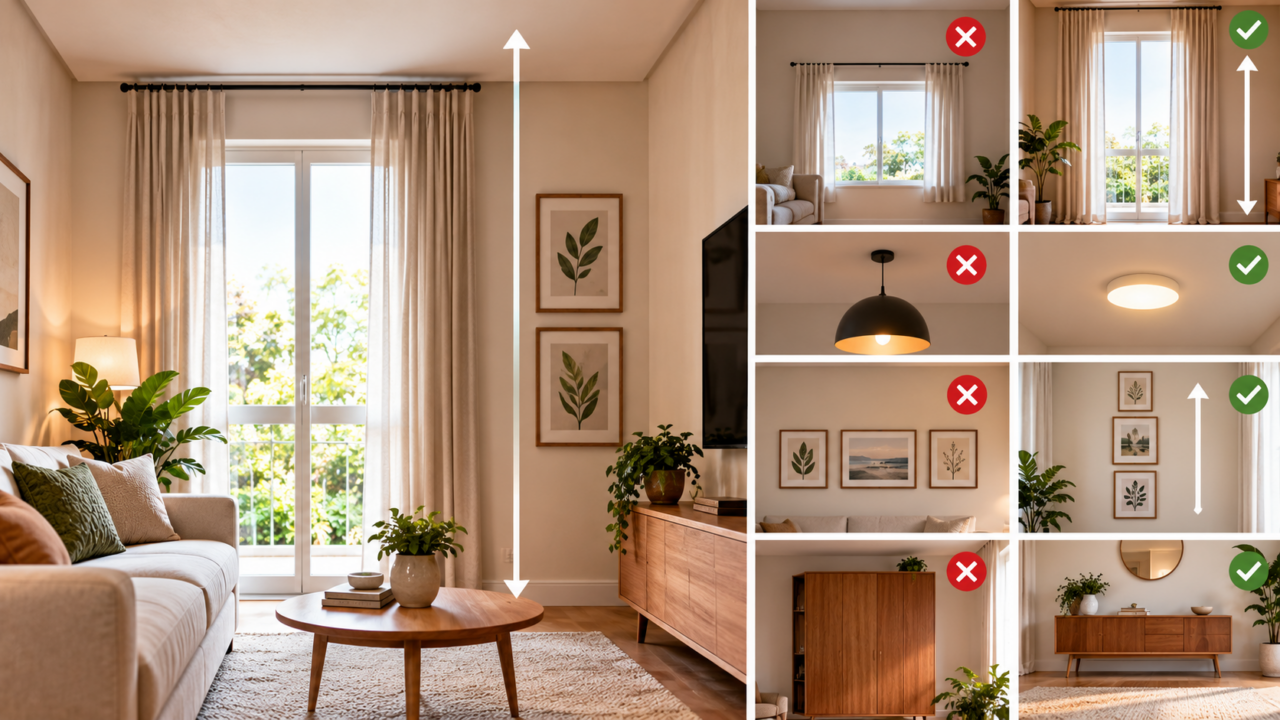 Alguns elementos podem fazer o teto parecer ainda mais baixo. Veja o que evitar e como usar cortinas, luminárias e móveis para criar mais sensação de altura.