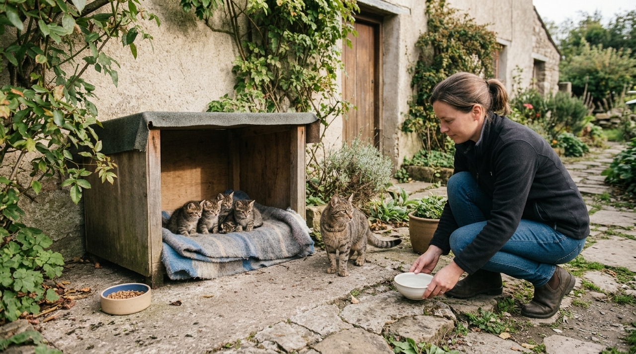 Numa manhã, a protetora abriu a porta e encontrou a gata parada do lado de fora.