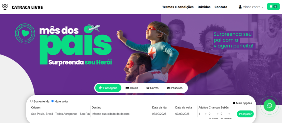 Página inicial da Catraca Viagens, que oferece descontos em passagens aéreas, diárias em hotéis, aluguel de carro e passeios