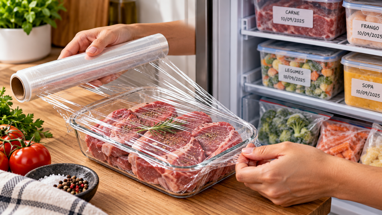 O plástico-filme pode fazer diferença no congelamento dos alimentos. Aprenda como ajustá-lo, reduzir bolsas de ar e preservar melhor textura e aparência.