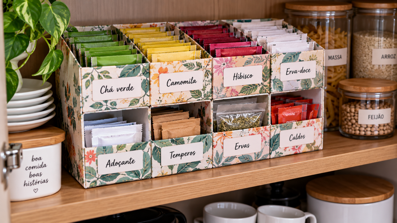 Caixas de chá podem ganhar uma nova função dentro do armário. Veja como criar um organizador simples com revestimento, divisórias e etiquetas personalizadas.