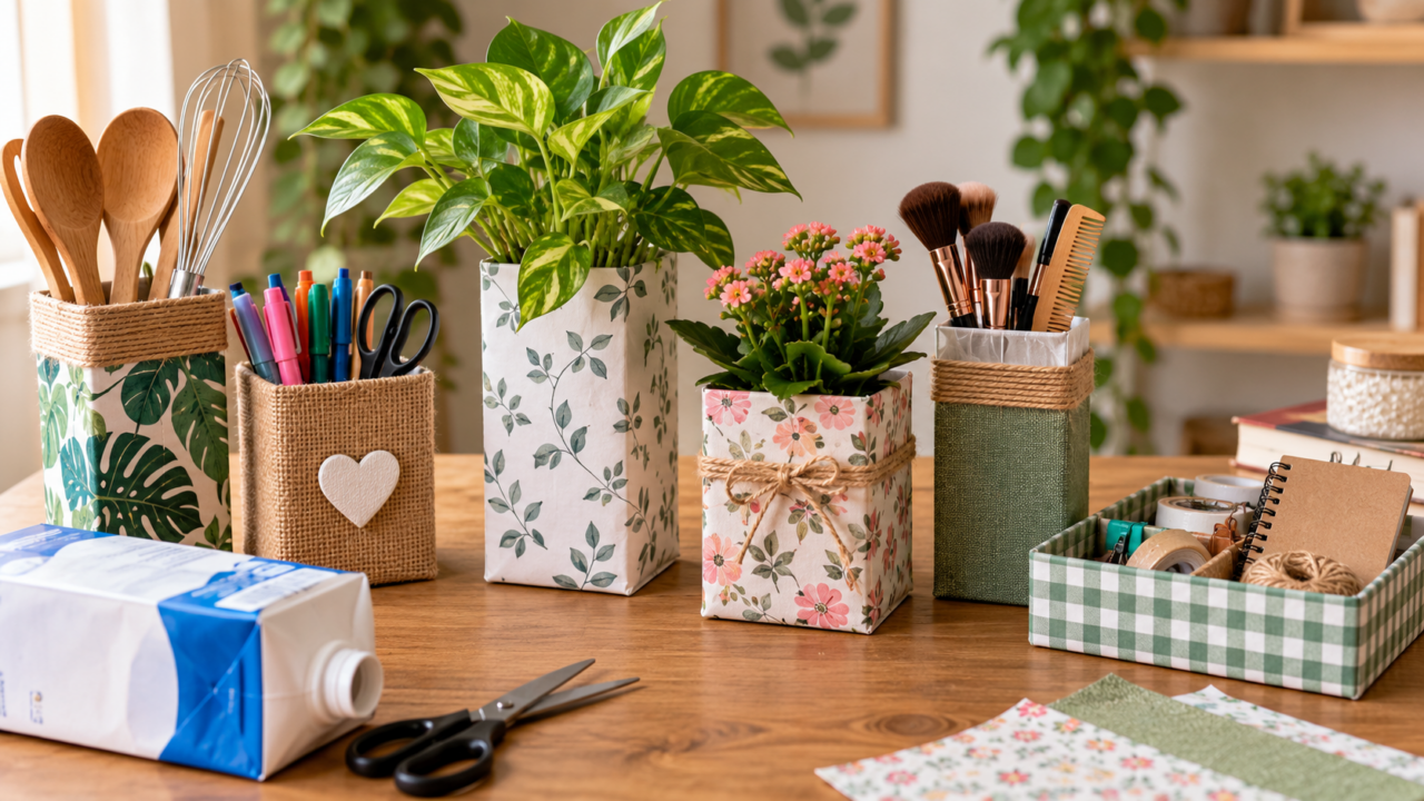 Uma caixa de leite pode ganhar nova função dentro de casa. Veja como preparar, revestir e transformar a embalagem em um organizador ou cachepô decorativo.