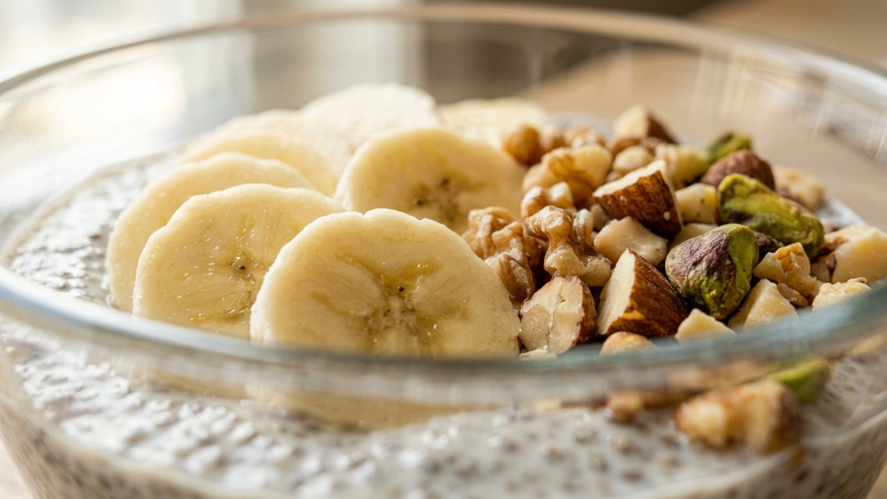 A hidratação prévia das sementes forma uma base cremosa e nutritiva que enriquece o café da manhã.