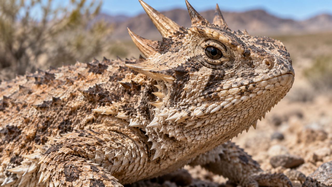 O lagarto de chifres pode expelir sangue pela região dos olhos.