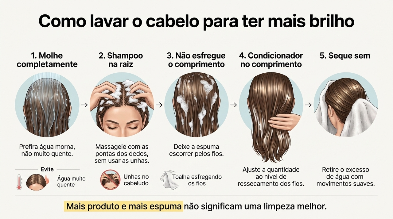 O shampoo deve se concentrar principalmente no couro cabeludo, onde se acumulam oleosidade, suor e resíduos.