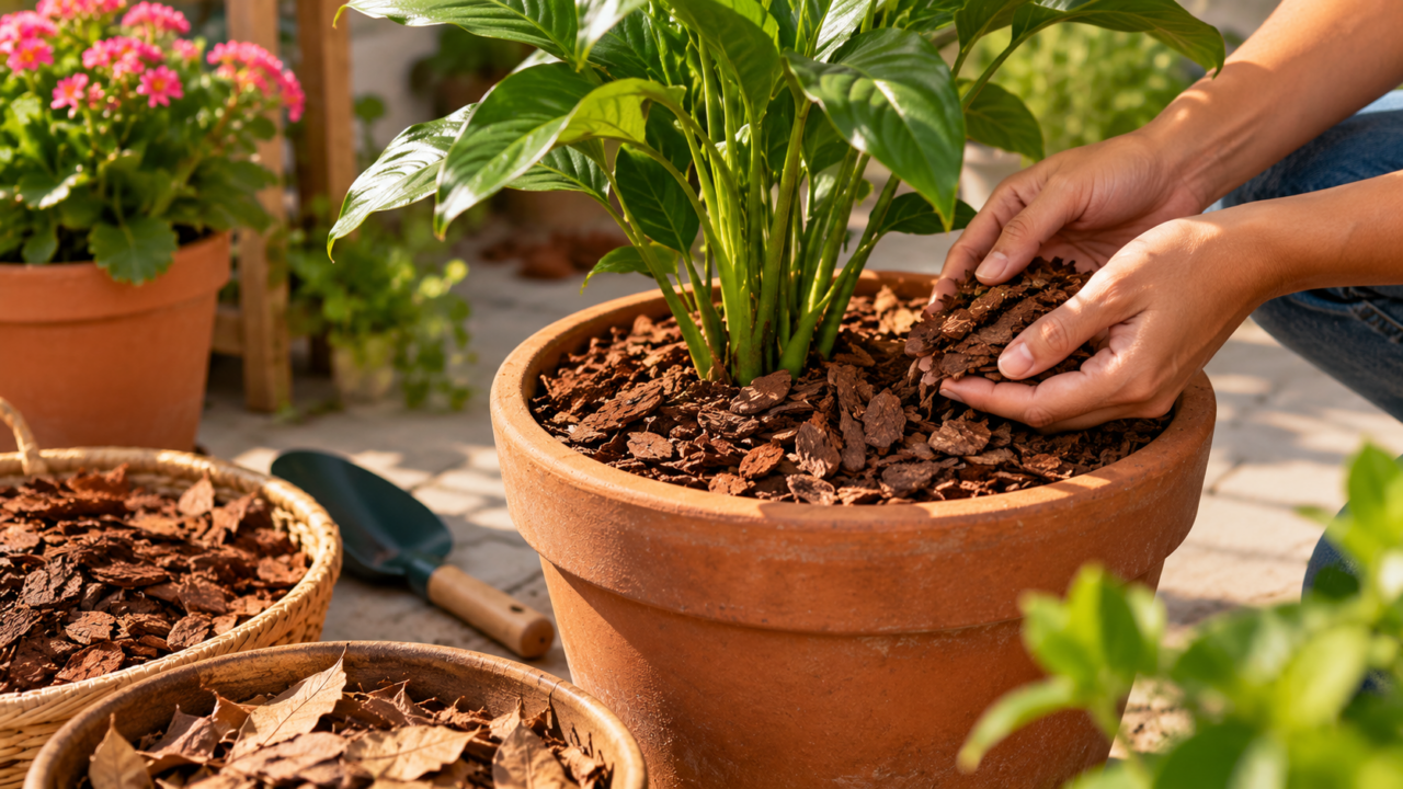 O calor faz o solo dos vasos secar rapidamente? Aprenda a usar folhas secas, casca de pinus, palha e fibra de coco para proteger as plantas.