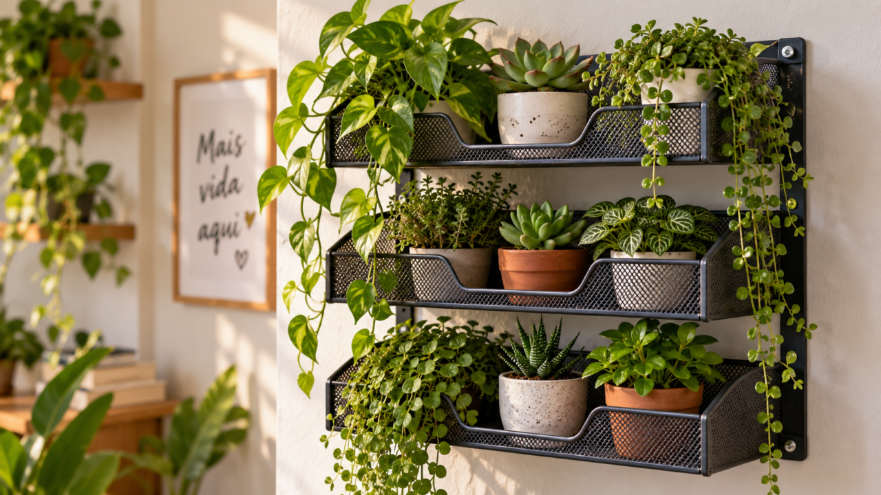 Uma antiga bandeja de escritório pode ganhar nova função com plantas. Veja como adaptá-la para vasos pequenos e criar um jardim vertical bonito e funcional.
