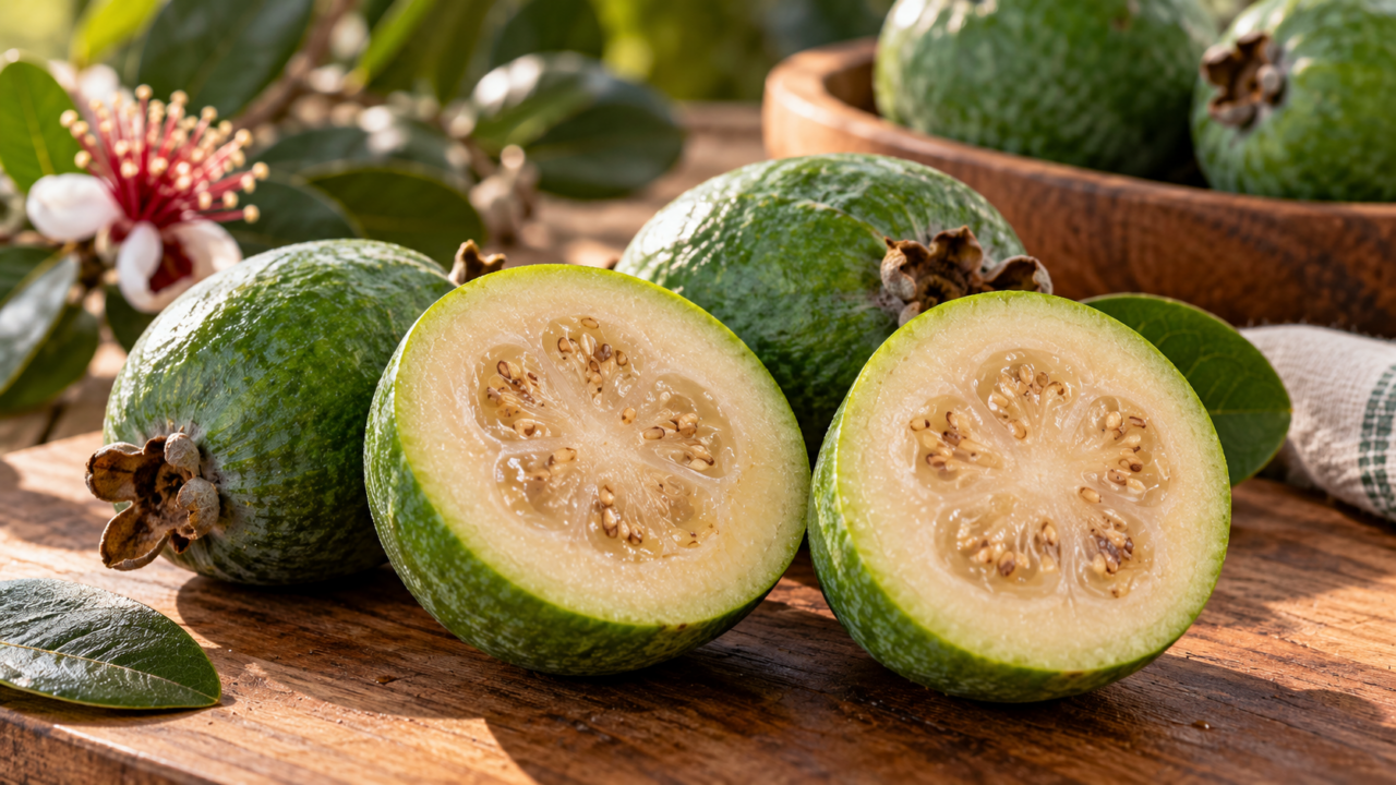 Ao cortar a feijoa, a aparência muda completamente. Entenda como são sua polpa, sementes, aroma e sabor e por que o fruto é tão diferente.