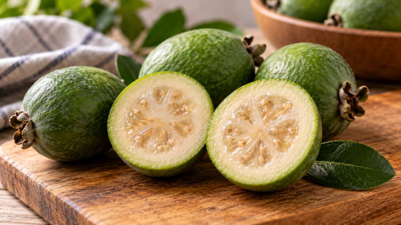 Feijoa ou goiaba-serrana? Veja como é a fruta por dentro, onde ficam as sementes, como é a textura da polpa e o que caracteriza seu aroma marcante.