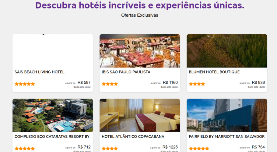 A Catraca Viagens traz na página inicial uma curadoria de hotéis com descontos especiais