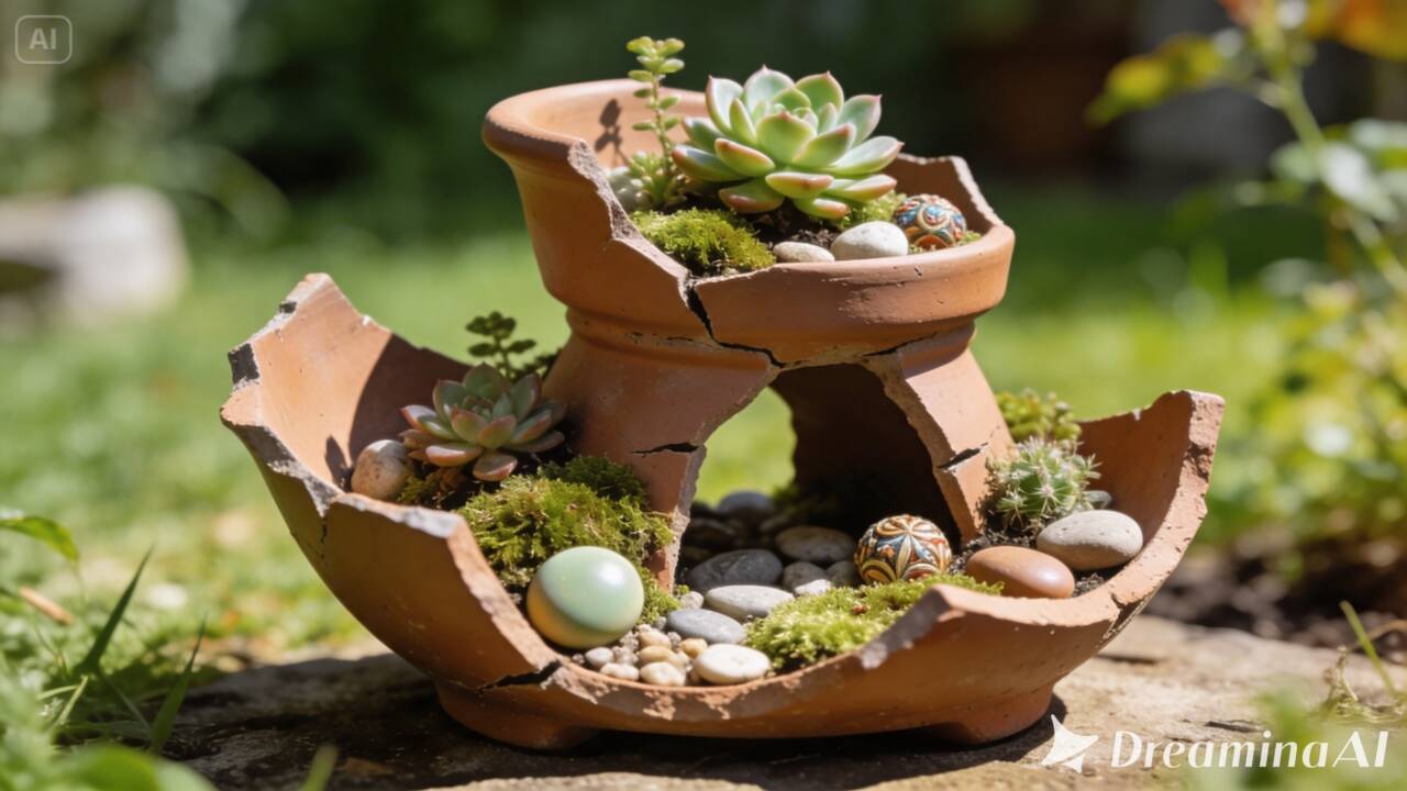Vaso de cerâmica quebrou? Veja como reaproveitar as partes maiores e os fragmentos para criar divisórias e detalhes decorativos ao redor das plantas.
